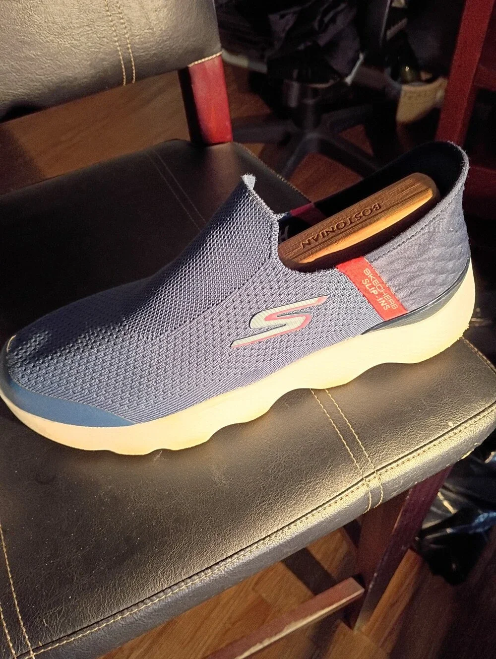 Skechers Navy Blue Slip-On Knit Loafers with Red Pull Tabs